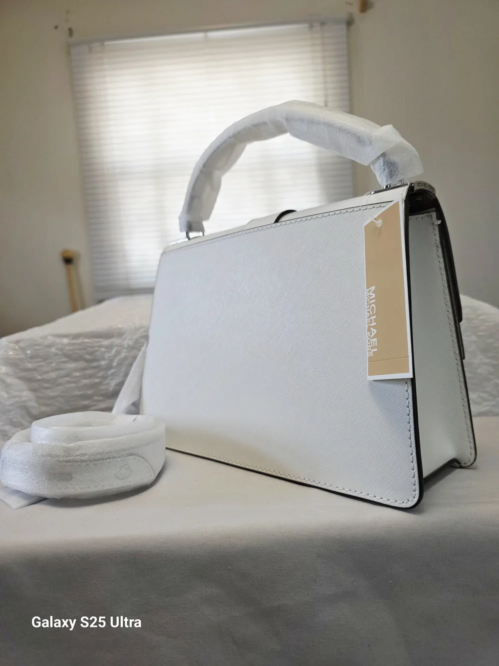 MICHAEL Michael Kors Greenwich Medium Saffiano Leather Satchel In Optic White